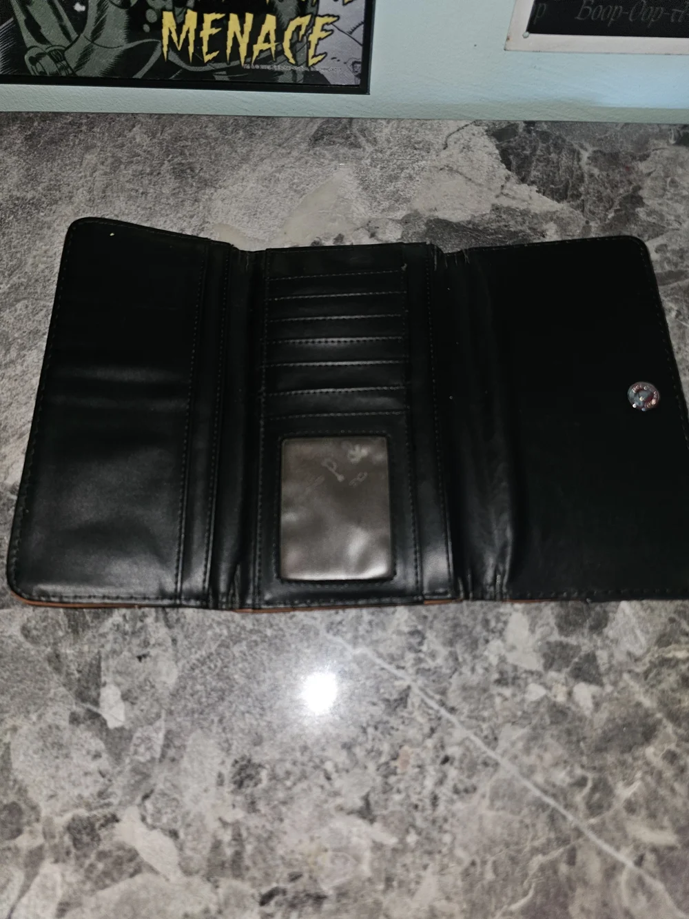 Brown Embossed Cross Accent Wallet with Turquoise Detail